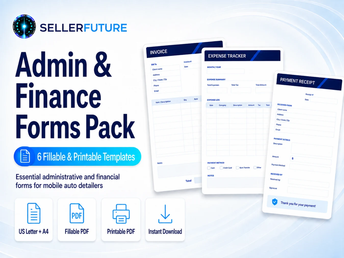 Mobile Auto Detailing Admin & Finance Forms, Fillable PDF Invoice, Quote and Trackers