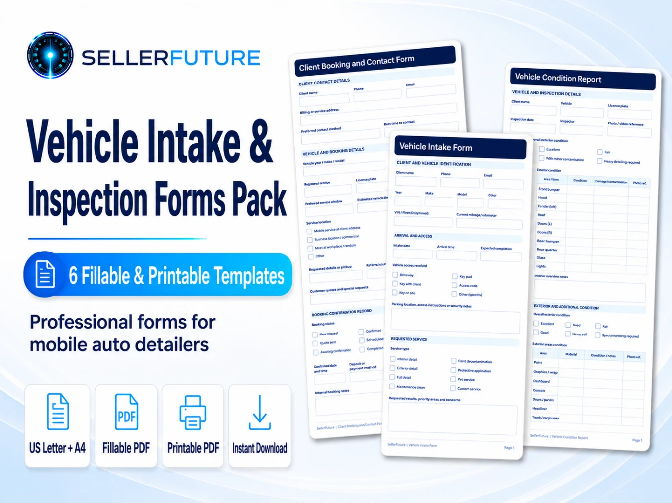 Auto Detailing Vehicle Intake & Inspection Forms, 6 Fillable Printable PDF Templates