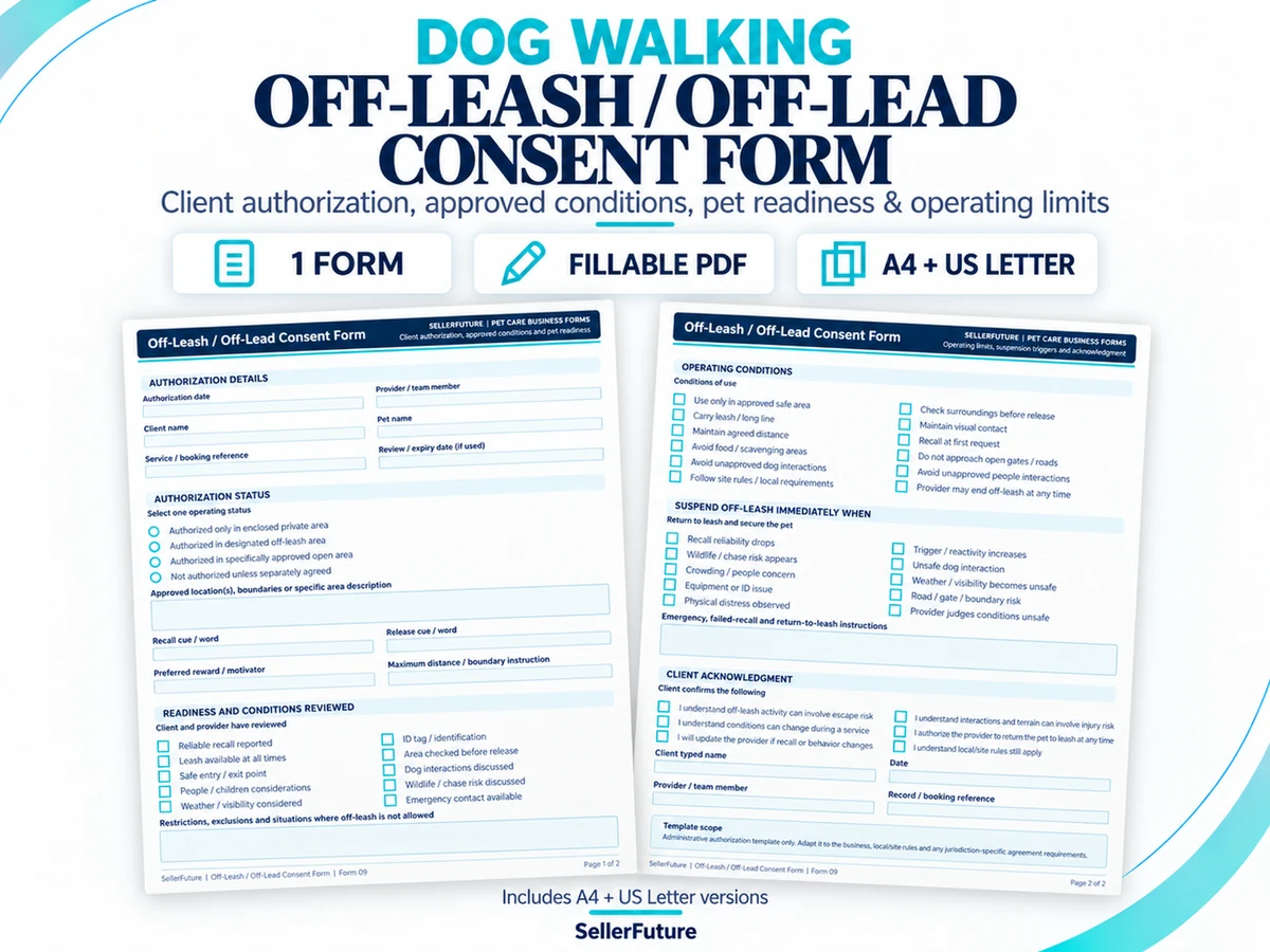 SellerFuture Off-Leash / Off-Lead Consent Form fillable PDF product preview