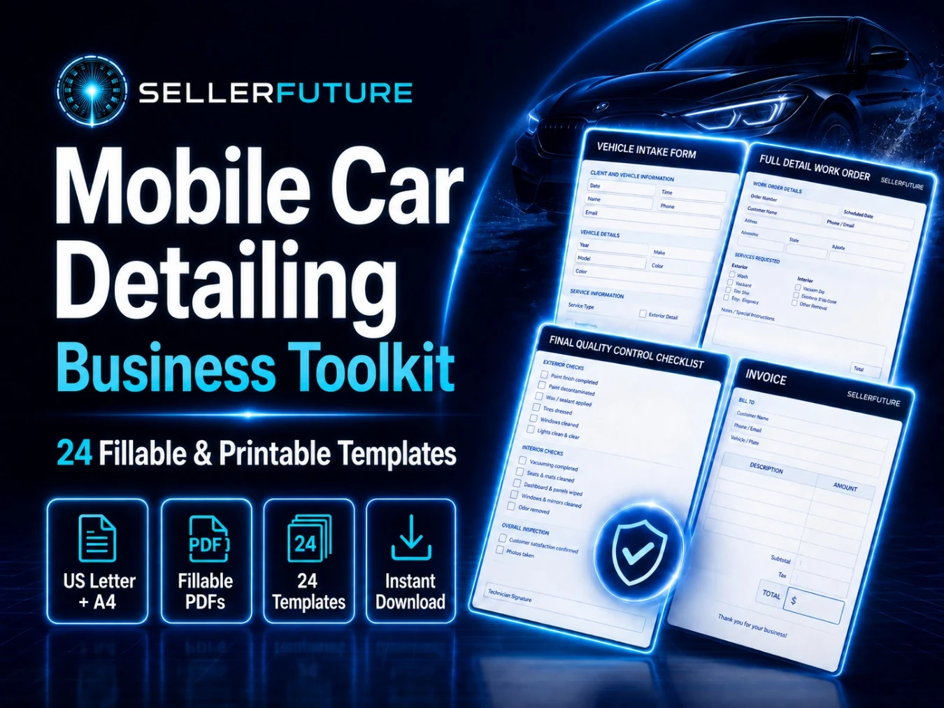 Mobile Auto Detailing Business Forms, 24 Fillable PDF Templates, US Letter and A4