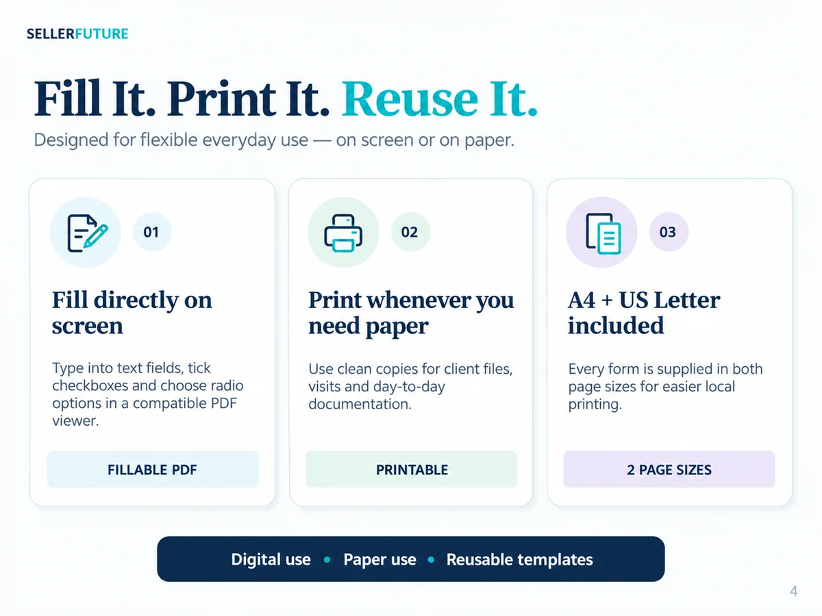 Fillable and printable PDF use in A4 and US Letter