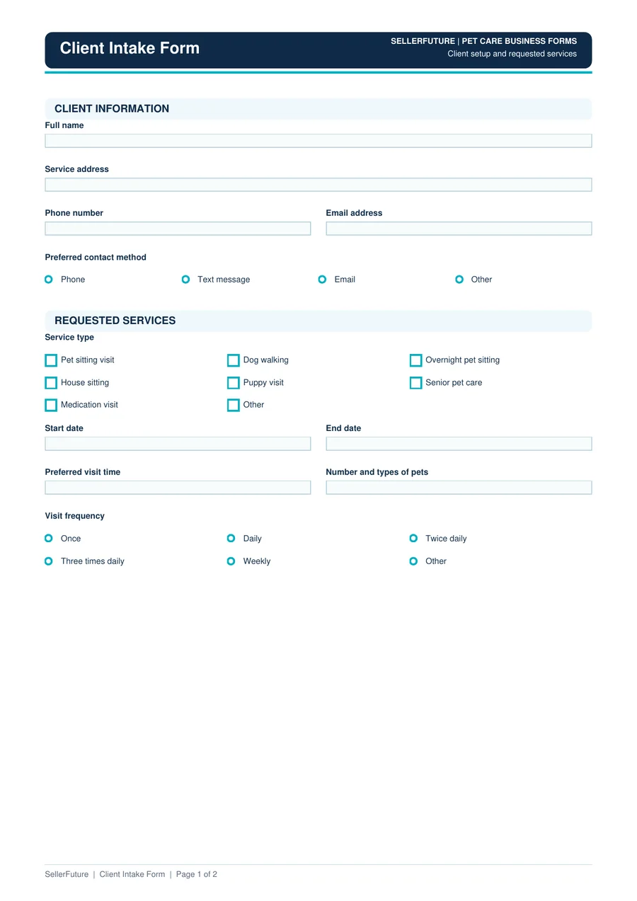 Preview of the SellerFuture Client Intake Form PDF template