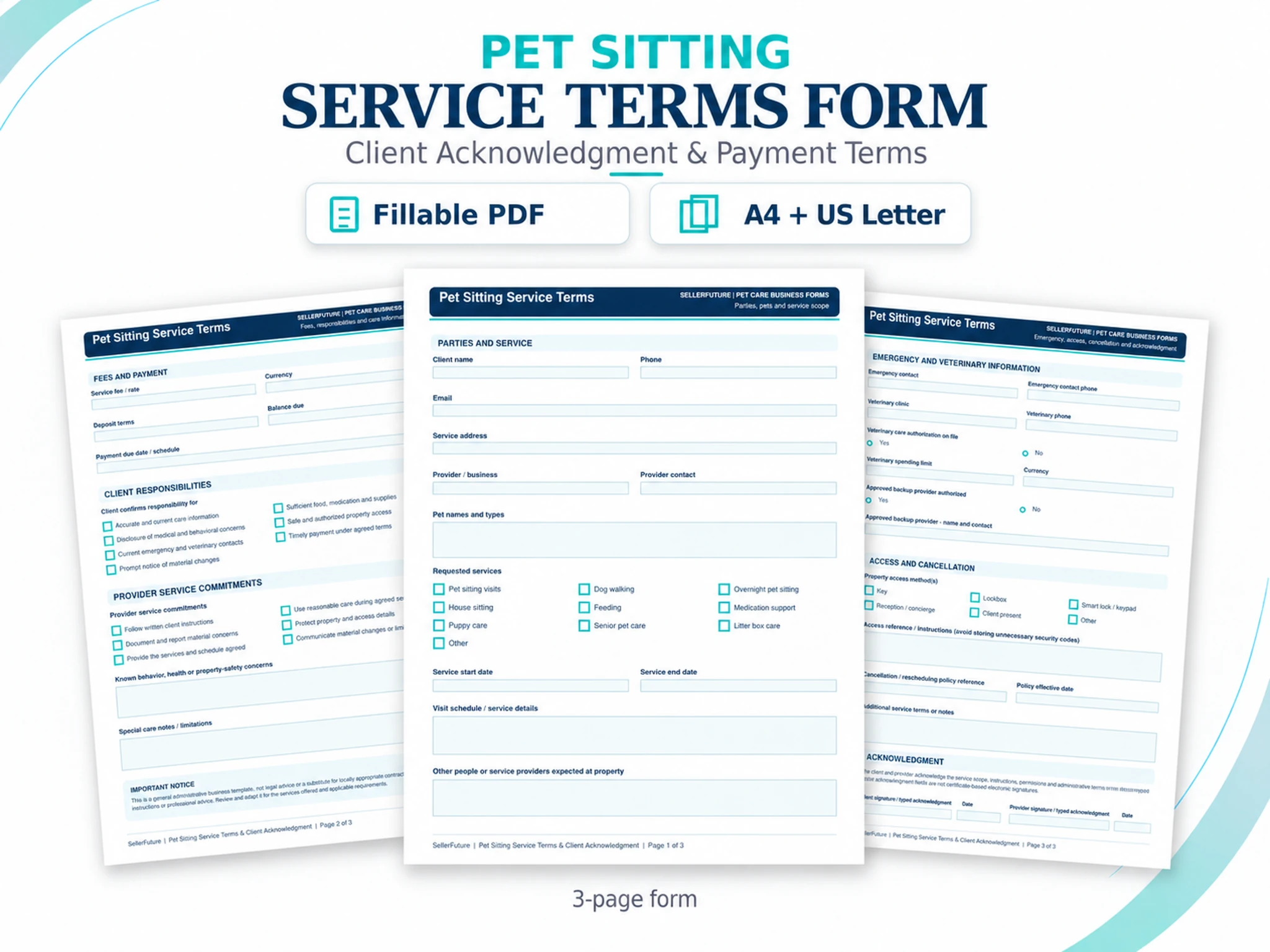 SellerFuture Pet Sitting Service Terms — Client Acknowledgment fillable PDF product preview