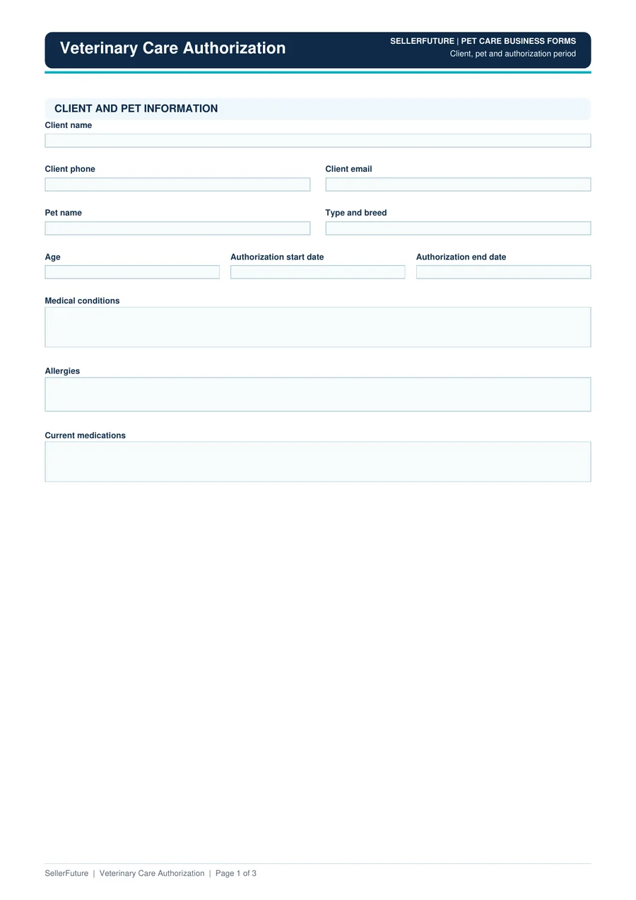 Preview of the SellerFuture Veterinary Care Authorization PDF template