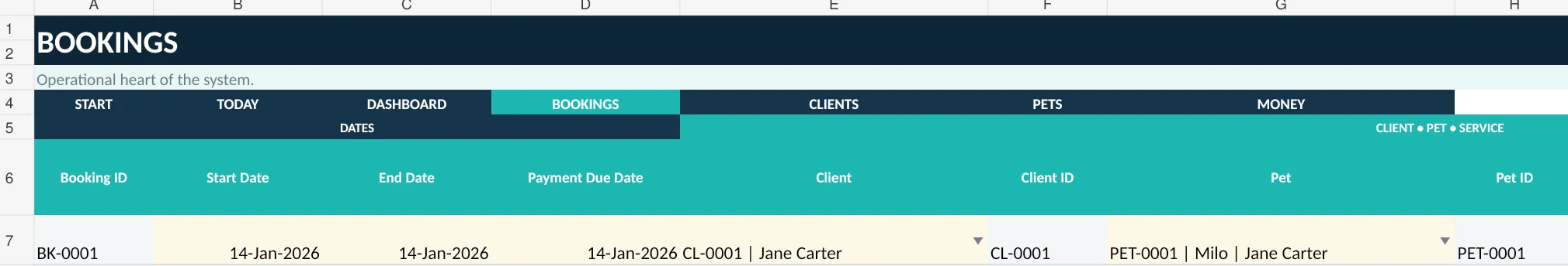 SellerFuture V5 Bookings worksheet with example data