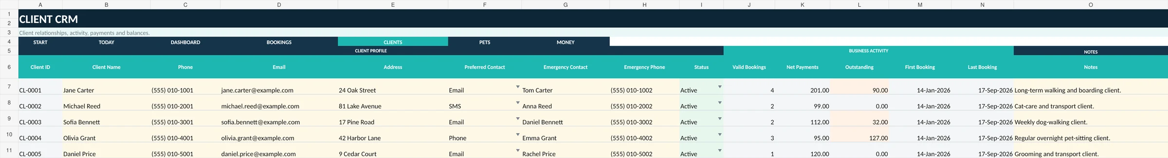 Real SellerFuture V5 Client CRM sheet with example data